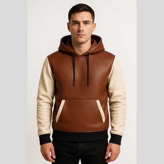Two Tone Brown White Sheep Leather Hoodie Jacket - 3amoto shop