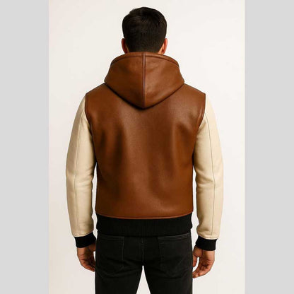 Two Tone Brown White Sheep Leather Hoodie Jacket