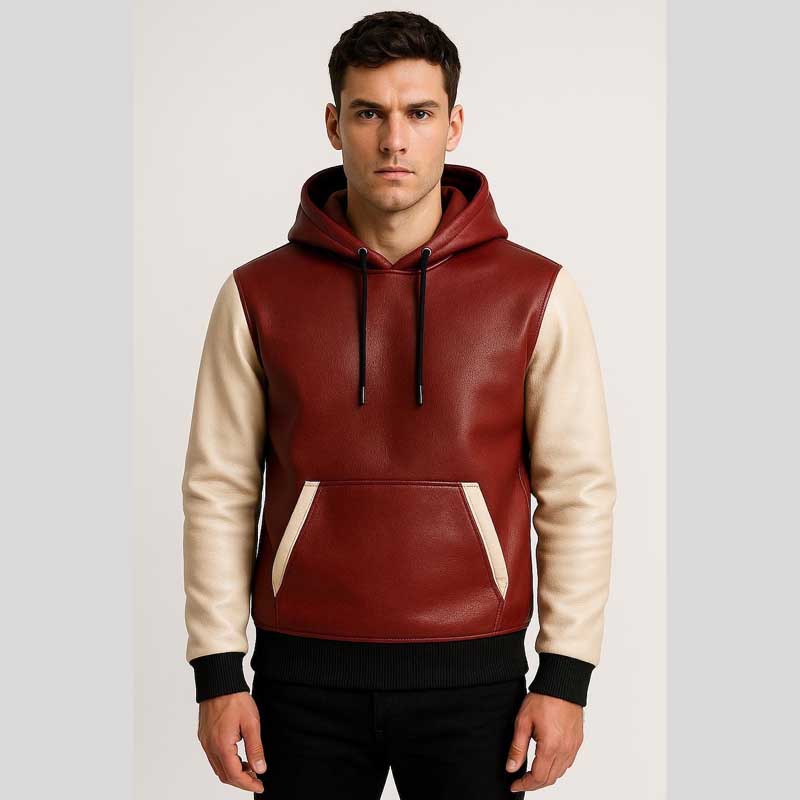 Two Tone Red White Sheep Leather Hoodie Jacket
