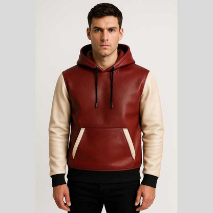 Two Tone Red White Sheep Leather Hoodie Jacket