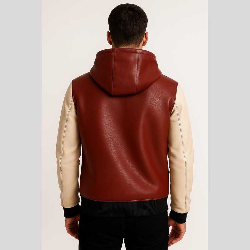 Two Tone Red White Sheep Leather Hoodie Jacket