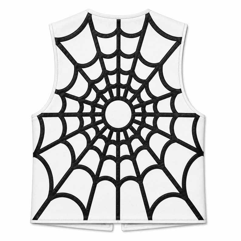 Unisex White Genuine Leather Spider Web Biker Vest with Back Graphic