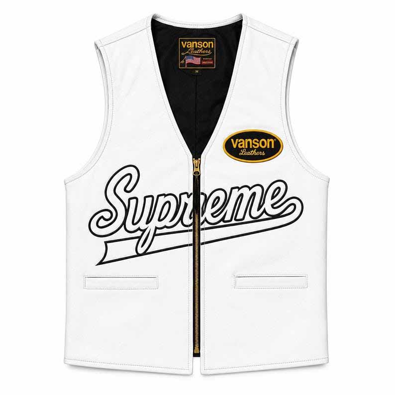Unisex White Genuine Leather Spider Web Biker Vest with Back Graphic