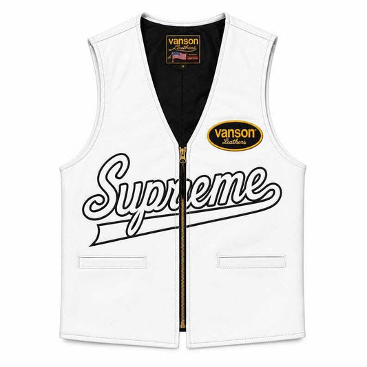 Unisex White Genuine Leather Spider Web Biker Vest with Back Graphic - 3amoto shop
