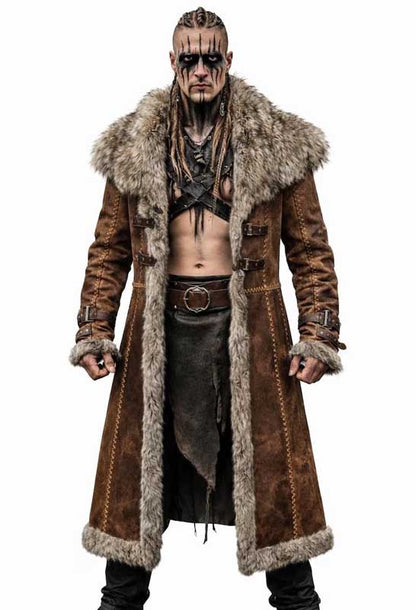 Viking Suede Fur Trim Tunic Coat for Men