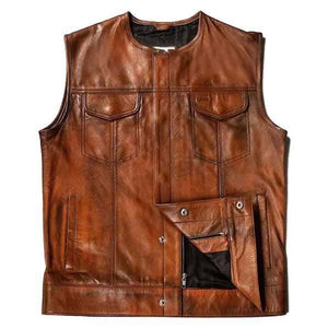 Brown Leather Biker Vest for Men
