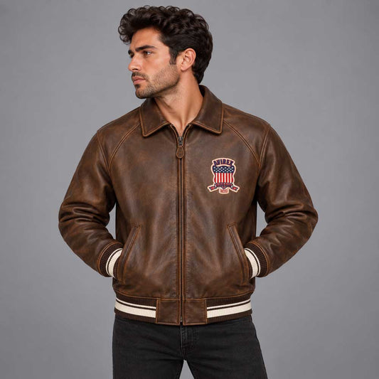 Vintage Brown Letterman Limited Edition Avirex Leather Jacket - 3amoto shop