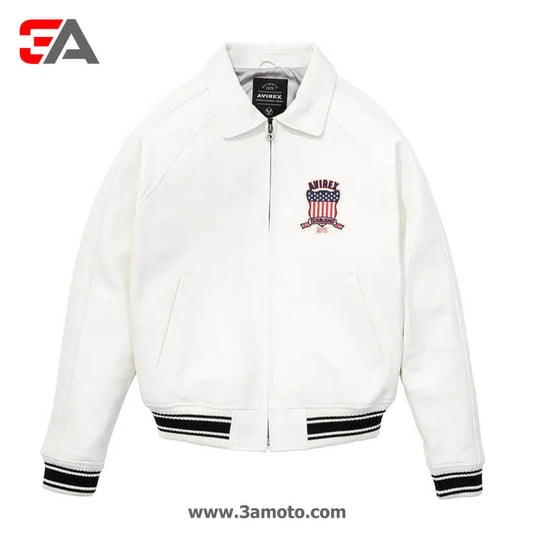 White Avirex Bomber Icon Leather Jacket - Fashion Leather Jackets USA - 3AMOTO