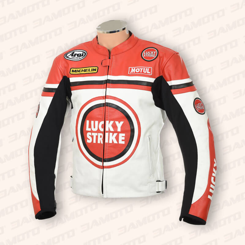 Lucky Strike Leather Biker Jacket - White & Red - 3amoto