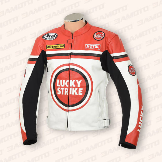 Lucky Strike Leather Biker Jacket - White & Red - 3amoto - 3amoto shop