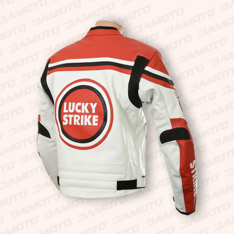 Lucky Strike Leather Biker Jacket - White & Red - 3amoto