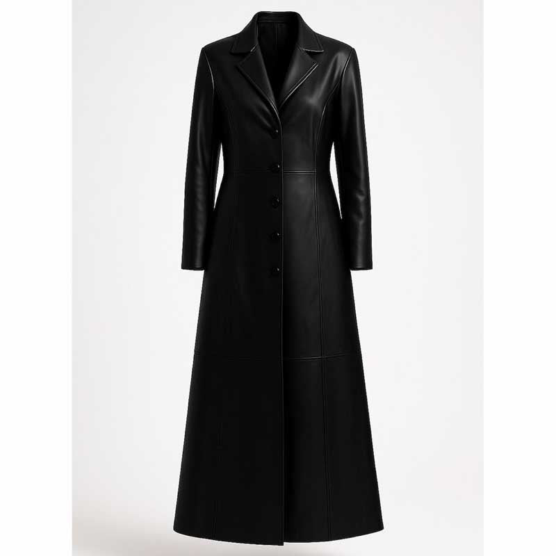 Women Black Cowhide Leather Trench Coat