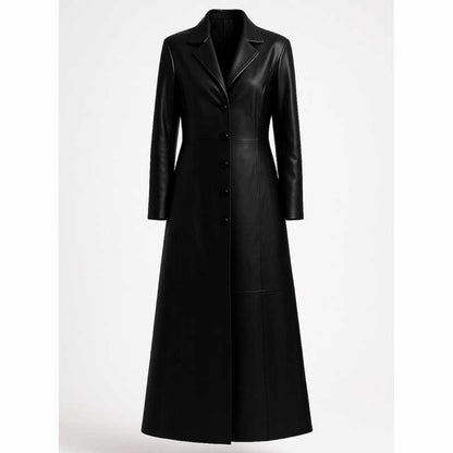 Women Black Cowhide Leather Trench Coat