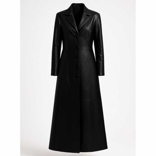 Women Black Cowhide Leather Trench Coat - 3amoto shop
