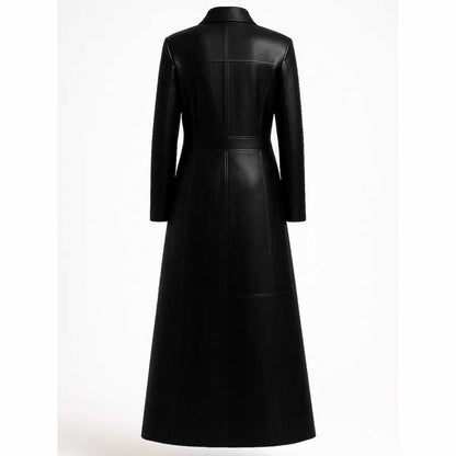 Women Black Cowhide Leather Trench Coat