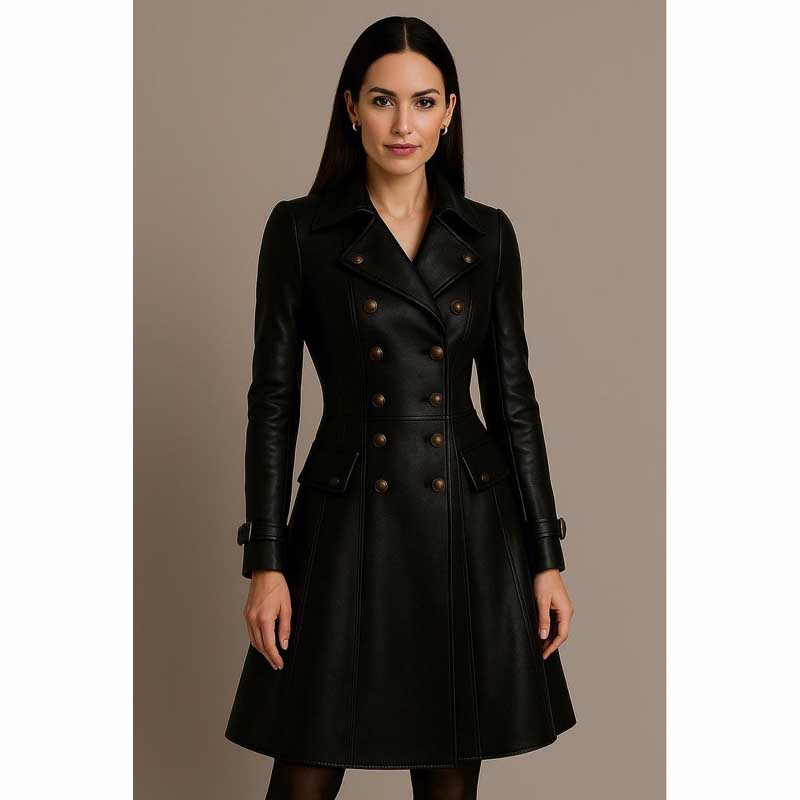 Women Black Gothic Leather Trench Coat Corset Back