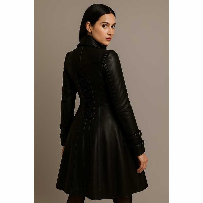 Women Black Gothic Leather Trench Coat Corset Back
