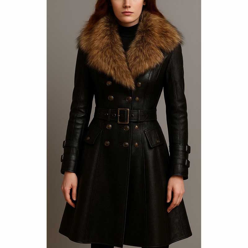 Women Black Leather Trench Coat Steampunk Long Jacket