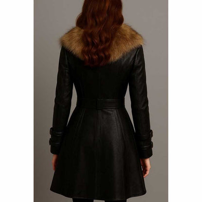 Women Black Leather Trench Coat Steampunk Long Jacket