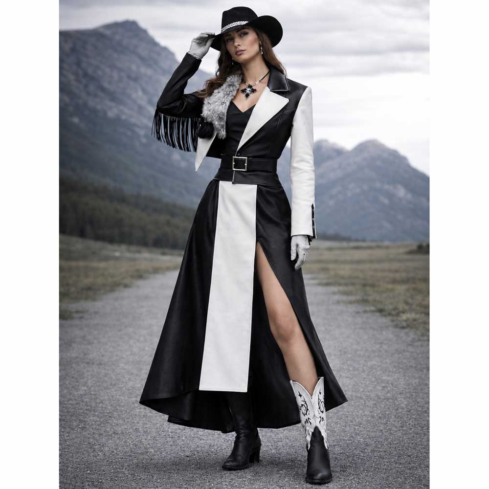 Women Black White Western Leather Outfit Set