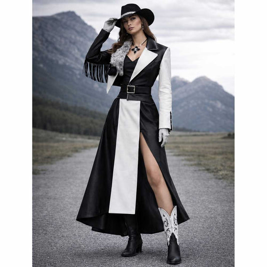 Women Black White Western Leather Outfit Set - 3amoto shop