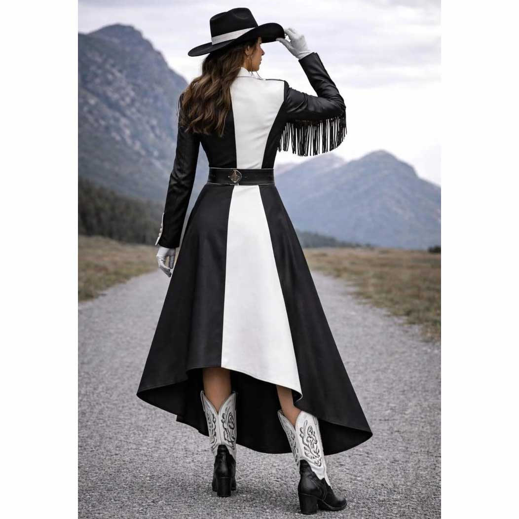 Women Black White Western Leather Outfit Set