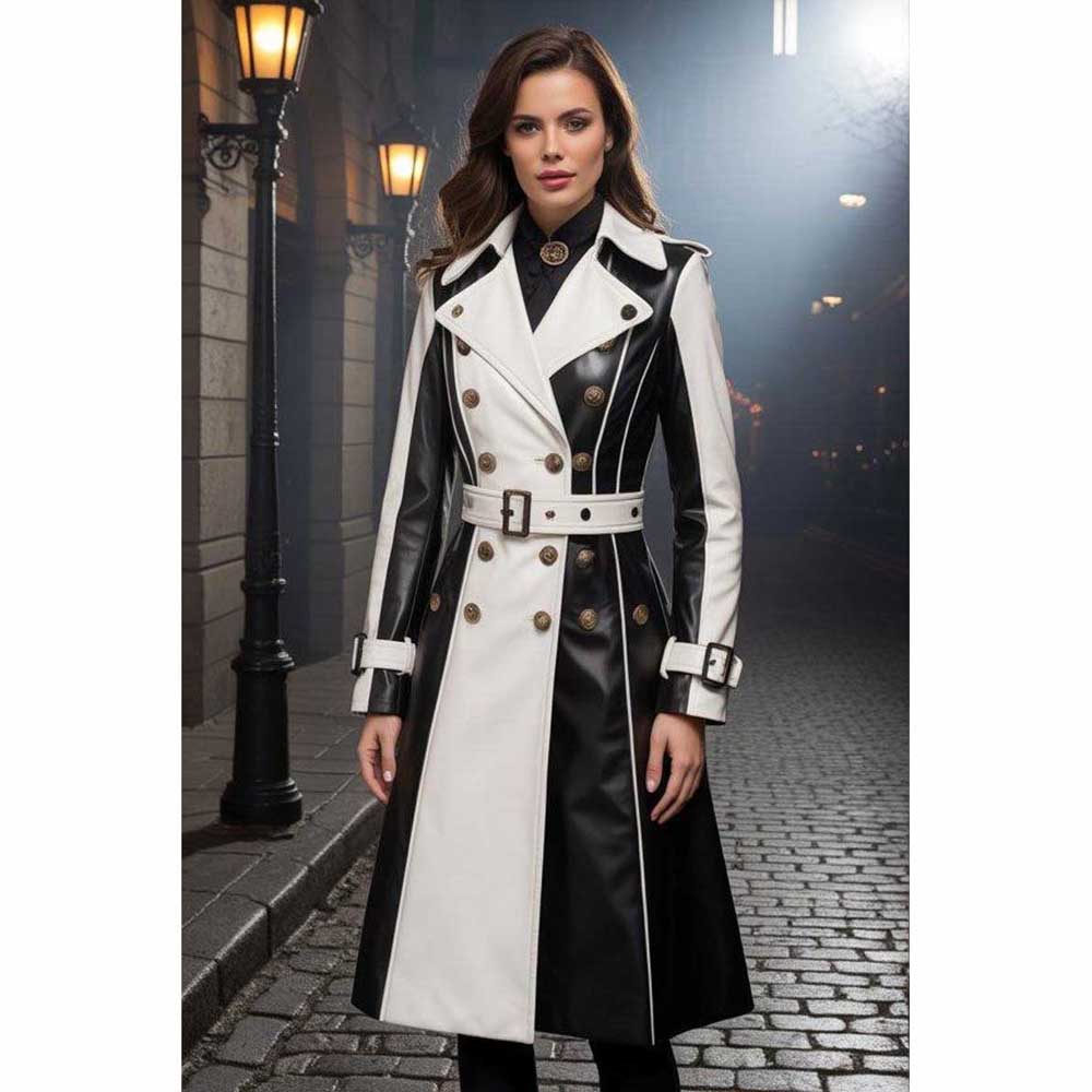 Women Black and White Leather Trench Coat
