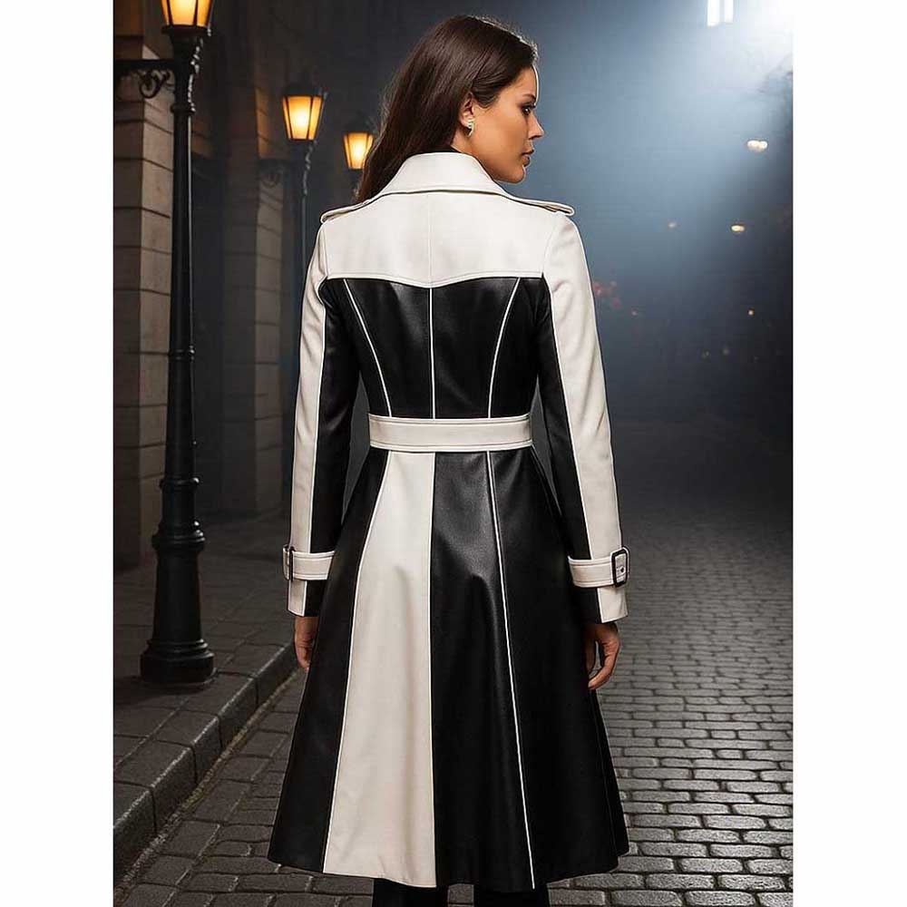 Women Black and White Leather Trench Coat