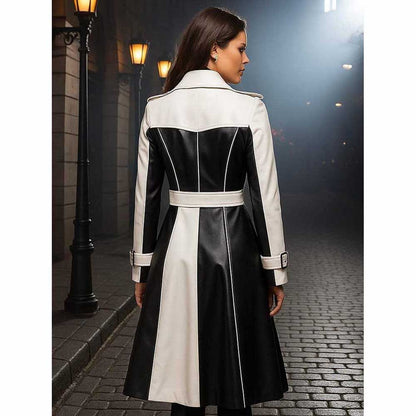 Women Black and White Leather Trench Coat