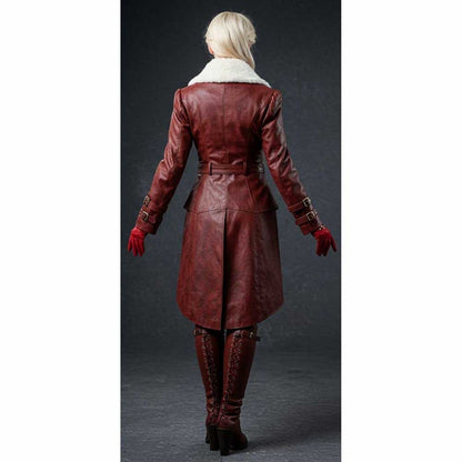 Women Brown Shearling Collar Leather Trench Coat