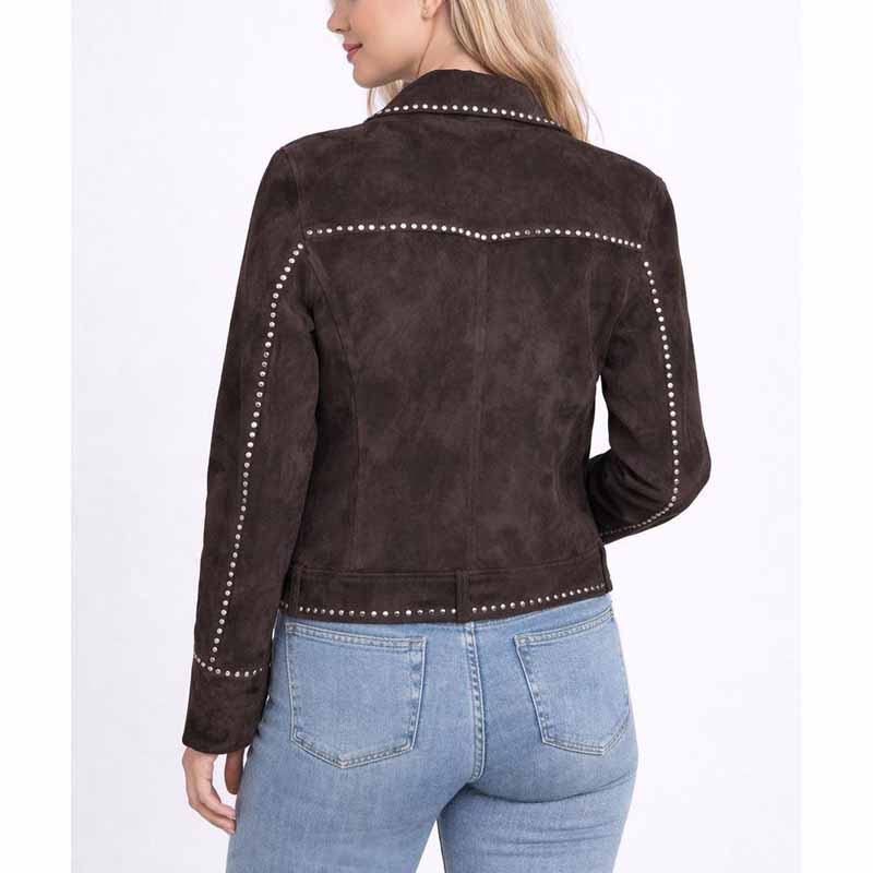 Women Brown Suede Leather Jacket with Bella Heathcote Studded Western Style