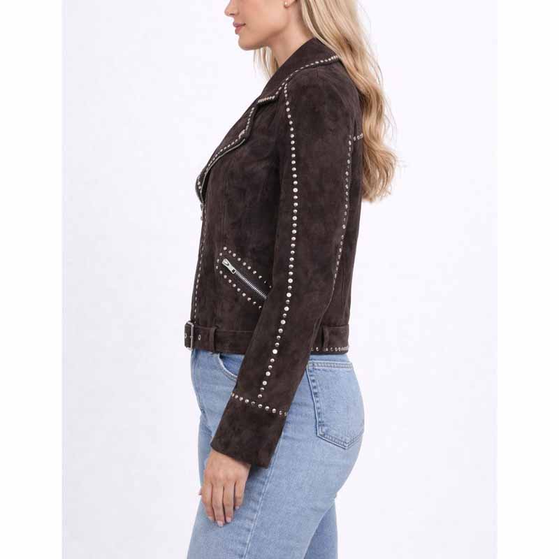 Women Brown Suede Leather Jacket with Bella Heathcote Studded Western Style
