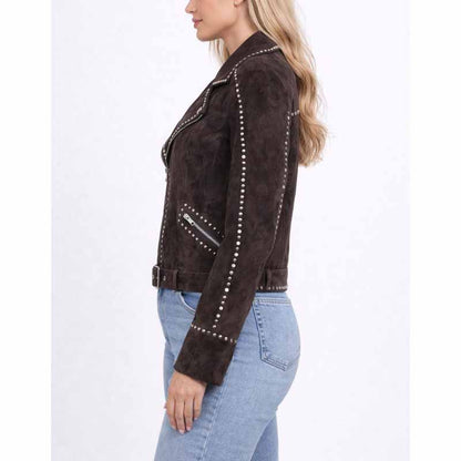 Women Brown Suede Leather Jacket with Bella Heathcote Studded Western Style