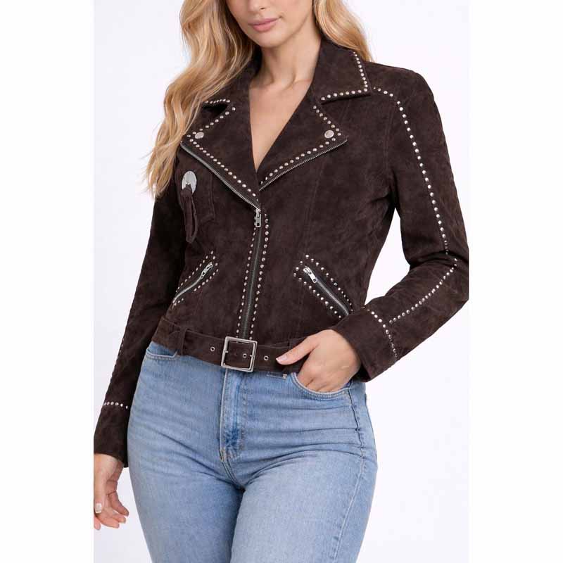Women Brown Suede Leather Jacket with Bella Heathcote Studded Western Style
