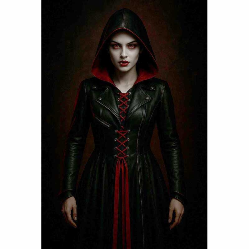 Women Red Black Gothic Leather Hooded Coat