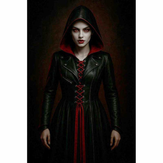 Women Red Black Gothic Leather Hooded Coat - 3amoto shop