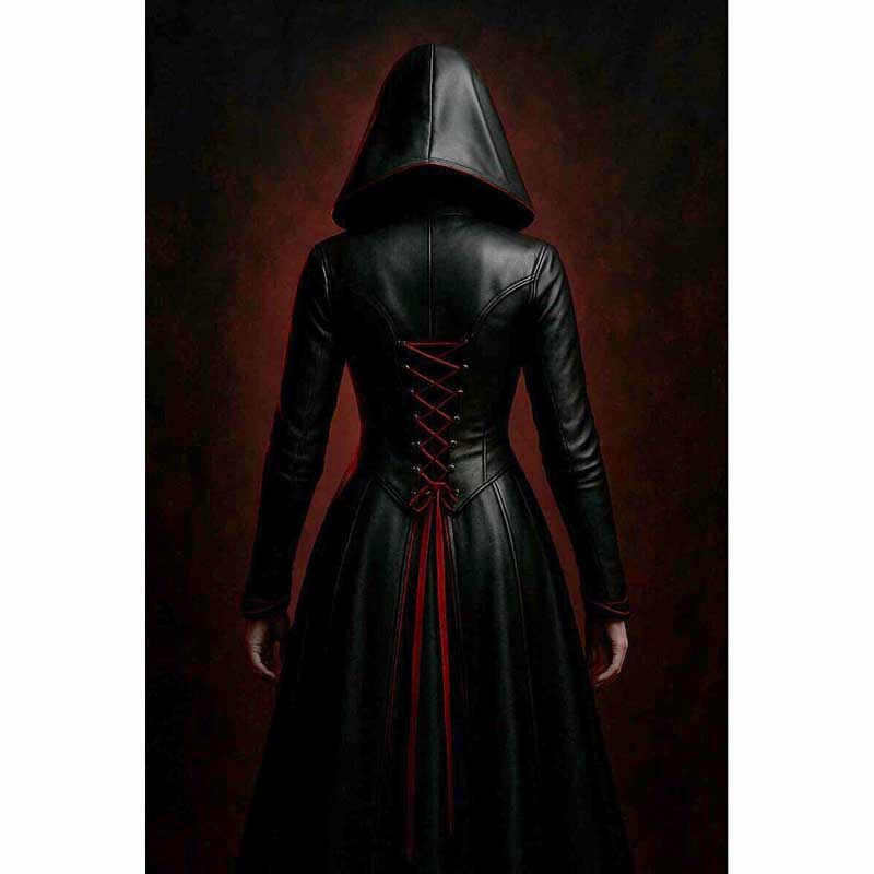 Women Red Black Gothic Leather Hooded Coat