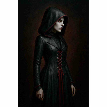 Women Red Black Gothic Leather Hooded Coat