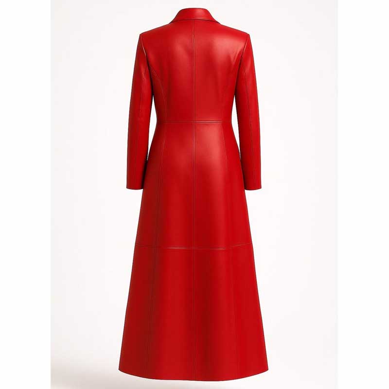 Women Red Cowhide Leather Trench Coat