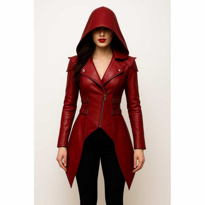 Women Red Hooded Leather Trench Coat
