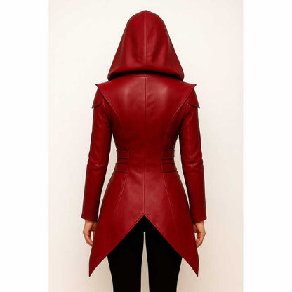 Women Red Hooded Leather Trench Coat