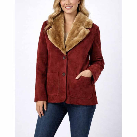 Women Red Suede Leather Jacket with Shearling Collar Retro Style - 3amoto shop
