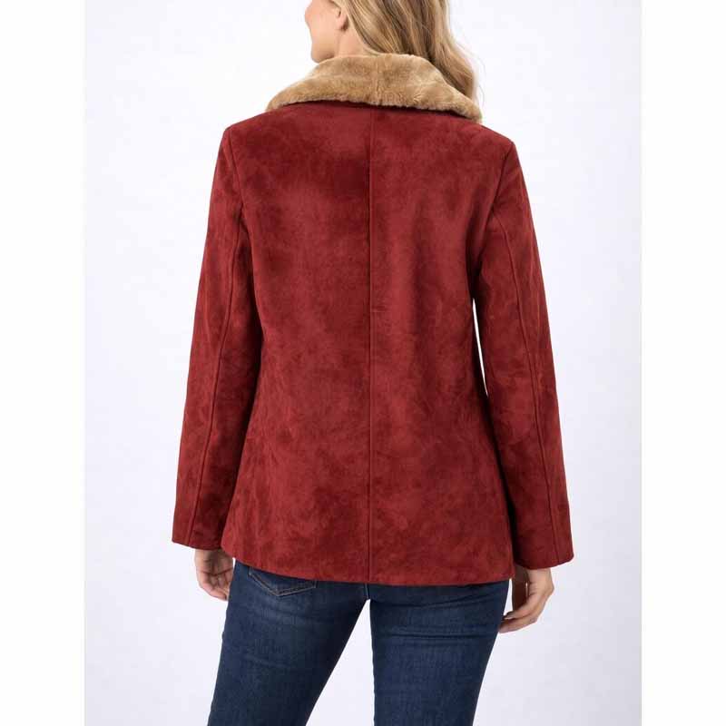 Women Red Suede Leather Jacket with Shearling Collar Retro Style