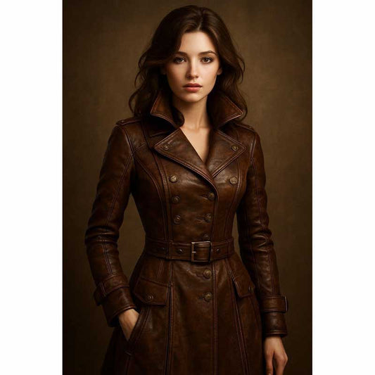 Women Vintage Brown Lambskin Leather Coat - 3amoto shop