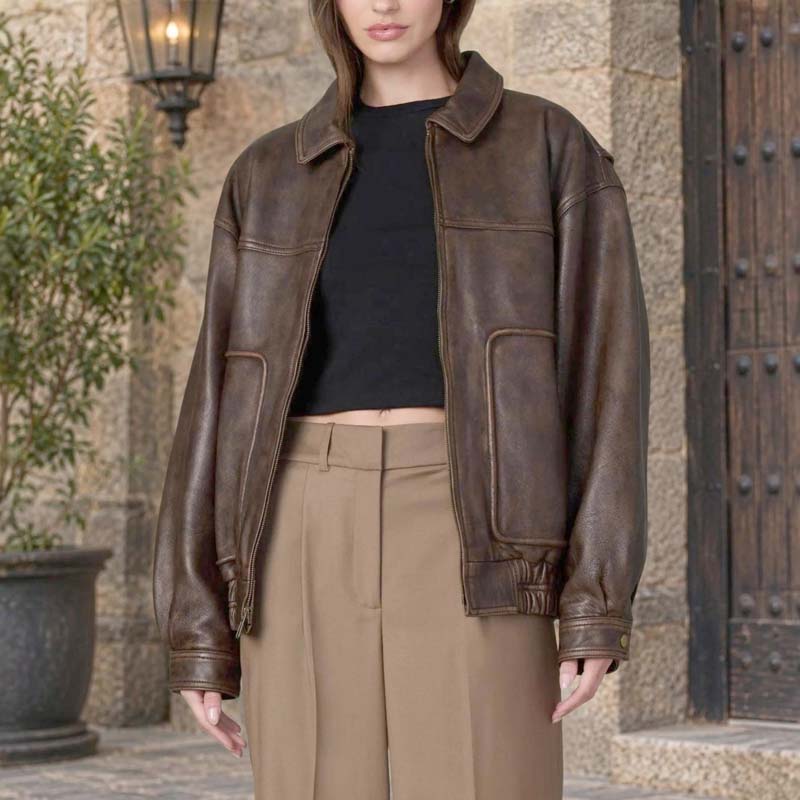 Women's oversized-inspired brown bomber jacket with front zipper