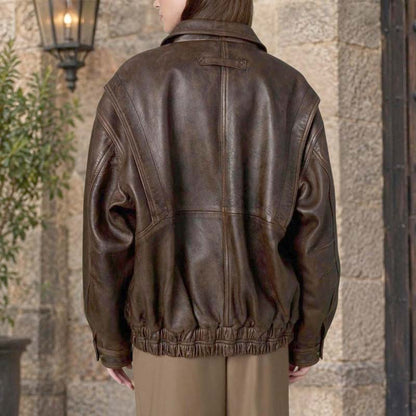 Vintage brown women's bomber coat with classic shirt-style collar