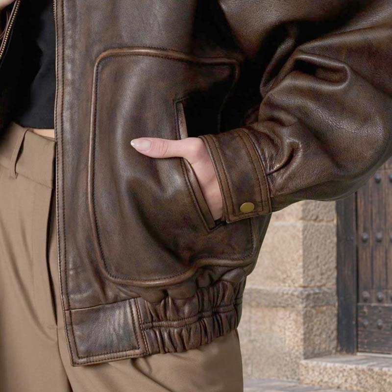 Women's chocolate brown jacket with two large front patch pockets