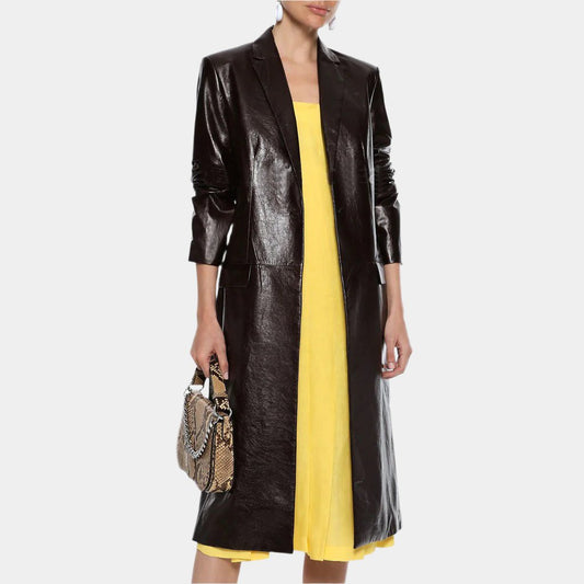 Women’s Trench Leather Coat with Front Flap Pockets - 3amoto shop