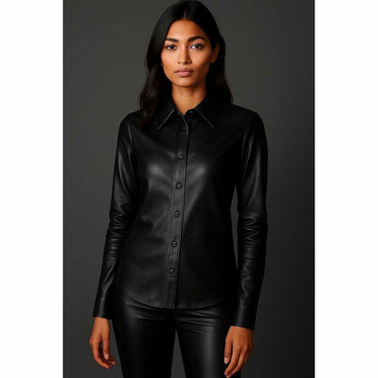 Womens Black Lambskin Leather Button Up Shirt Slim Fit