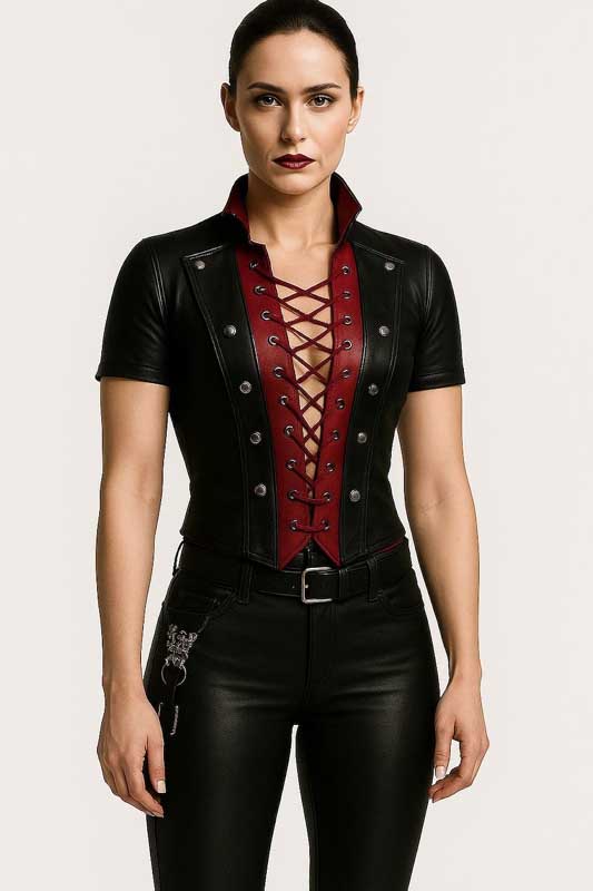 Womens Black Red Leather Corset Top Lace Up Shirt